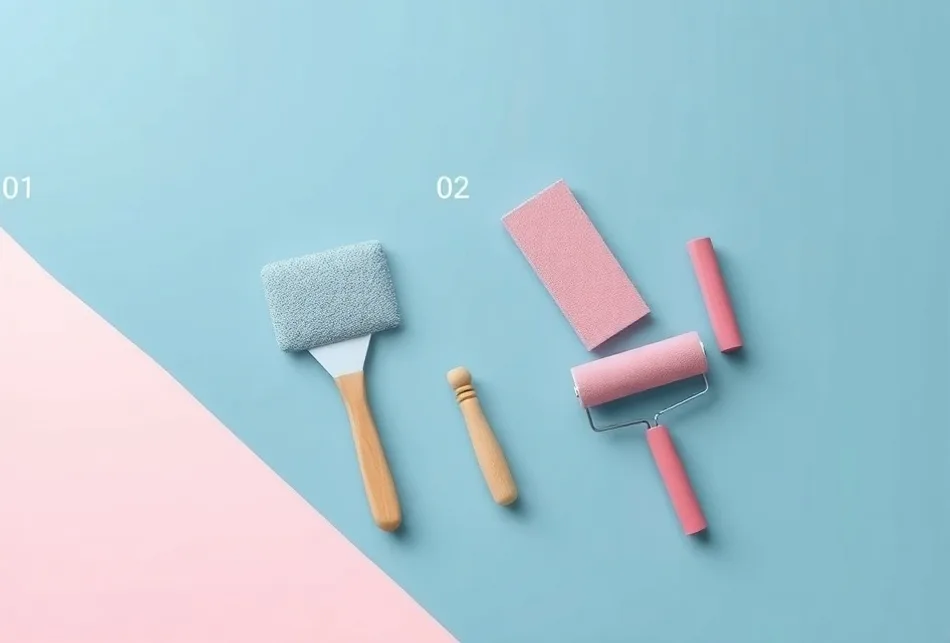 Outils de peinture disposés dans l'ordre des étapes du chantier