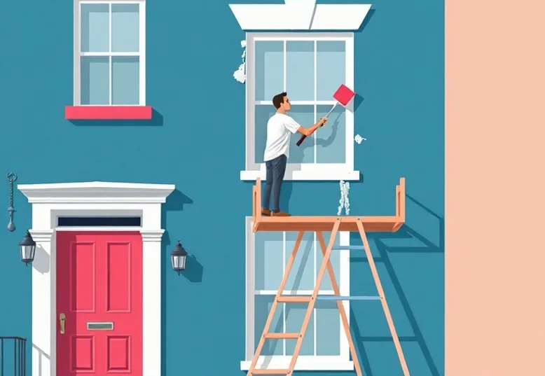 Peintre sur échafaudage traitant la façade d'une maison