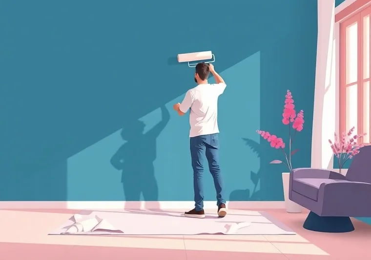 Peintre appliquant la peinture au rouleau sur un mur de salon